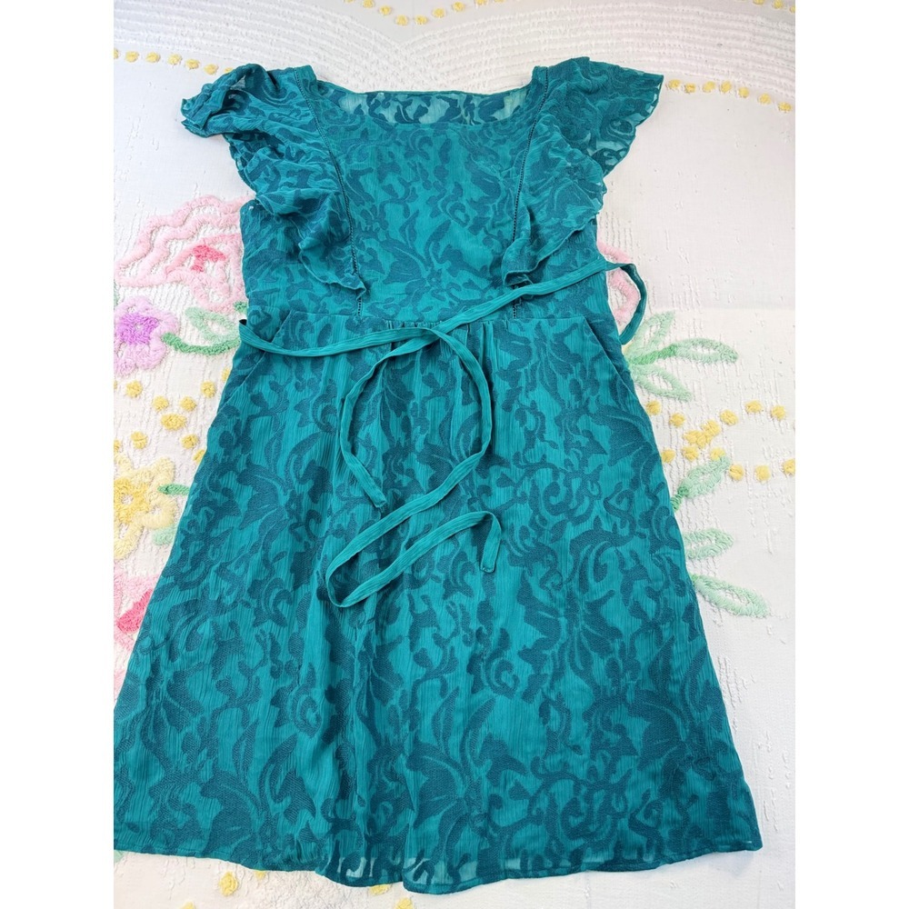 Moulinette Soeurs anthropologie Teal Lace Overlay Flutter Sleeve 14 dress - Picture 3 of 12
